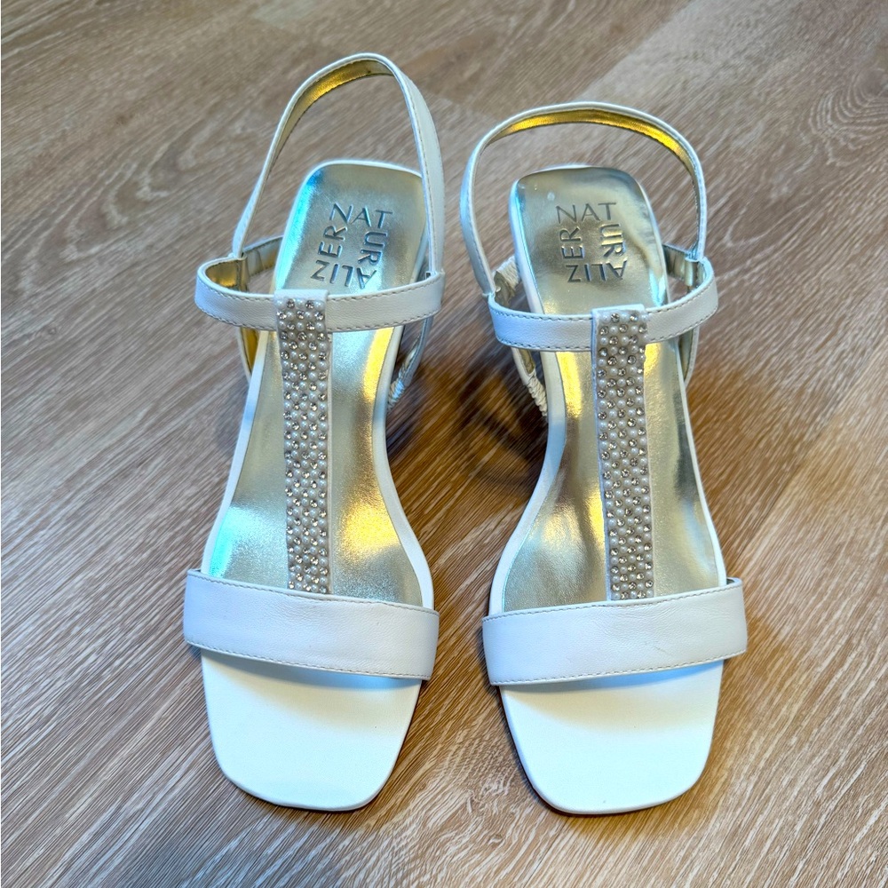 White Naturalizer Formal Sandals with rhinestone and pearl detail size 8m